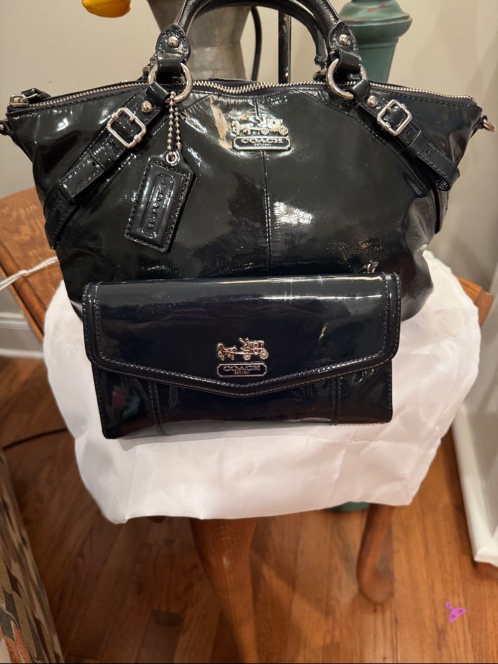 Coach Dark Blue Patent Leather Satchel with matching Wallet & Checkbook EUC